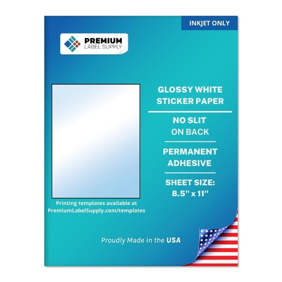 Premium Label Supply Glossy White Sticker Paper – 8.5" x 11" Full Sheet Labels – Inkjet Printers Only – 100 Sheets - Letter Size