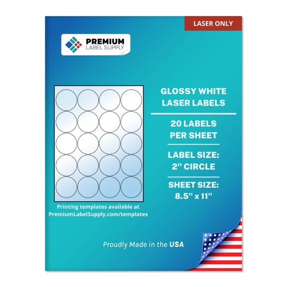 Premium Label Supply Glossy White Sticker Round Labels – 2" Circle – (20 Labels/Sheet) (Glossy White for Laser Only, 500 Labels)