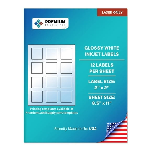 Premium Label Supply Glossy White Sticker Square Labels with Bleed – 2” x 2" – (12 Labels/Sheet) (Glossy White for Laser Only, 300 Labels)