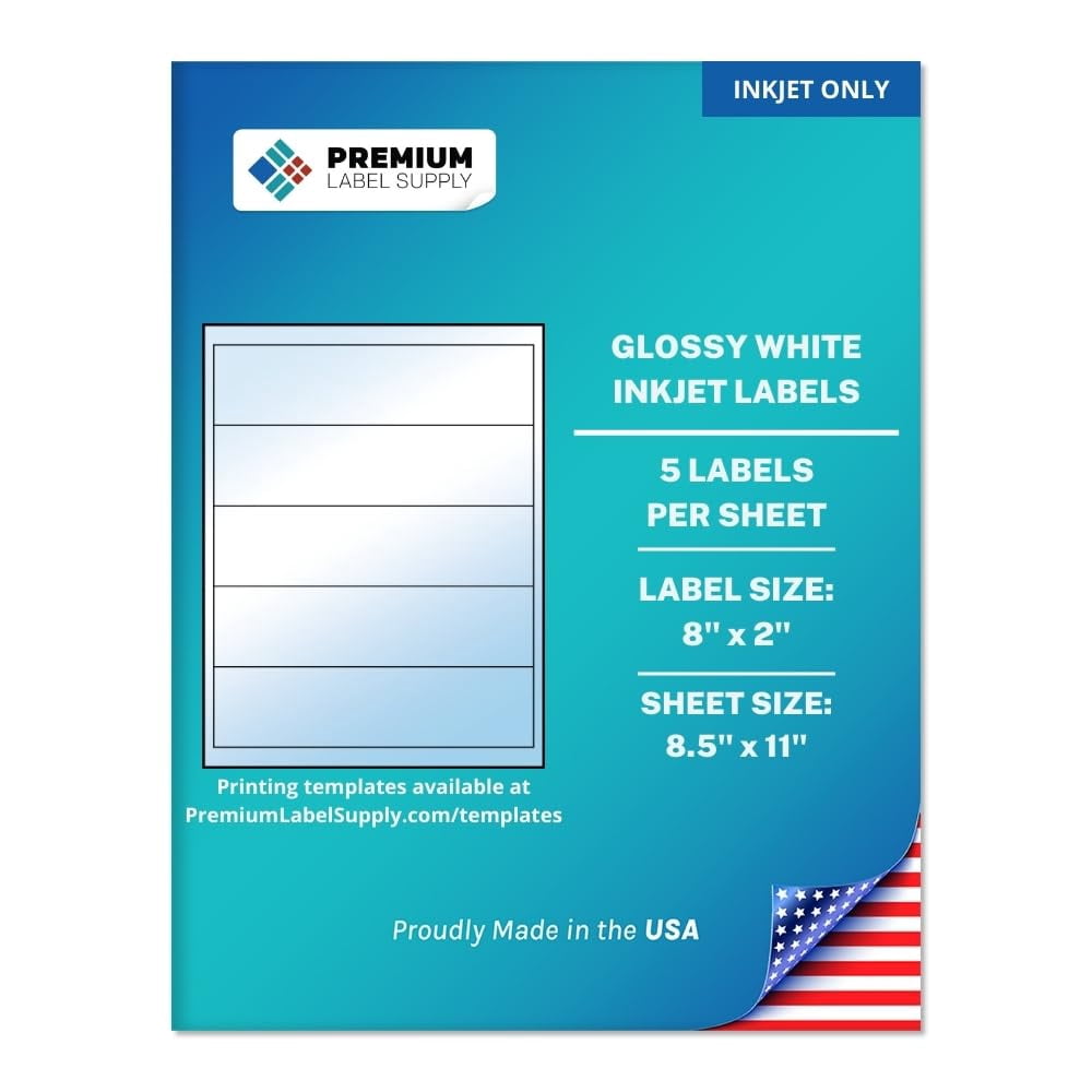 Premium Label Supply Glossy White Water Bottle Sticker Labels – NOT WATERPROOF – 8" x 2" – (5 Labels/Sheet) (Glossy White for Inkjet Only, 125 Labels)