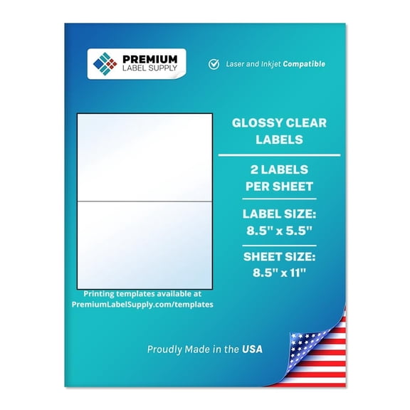 Premium Label Supply Large Glossy Clear Labels – 8.5” x 5.5" – Laser/Inkjet Compatible – (2 Labels/Sheet), 25 Sheets – 50 Total Adhesive Labels