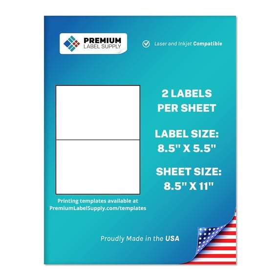 Premium Label Supply White Sticker Half Sheet Labels – 8.5" x 5.5" – Laser/Inkjet Compatible – (2 Labels/Sheet), 300 Sheets - 600 Total Adhesive Labels