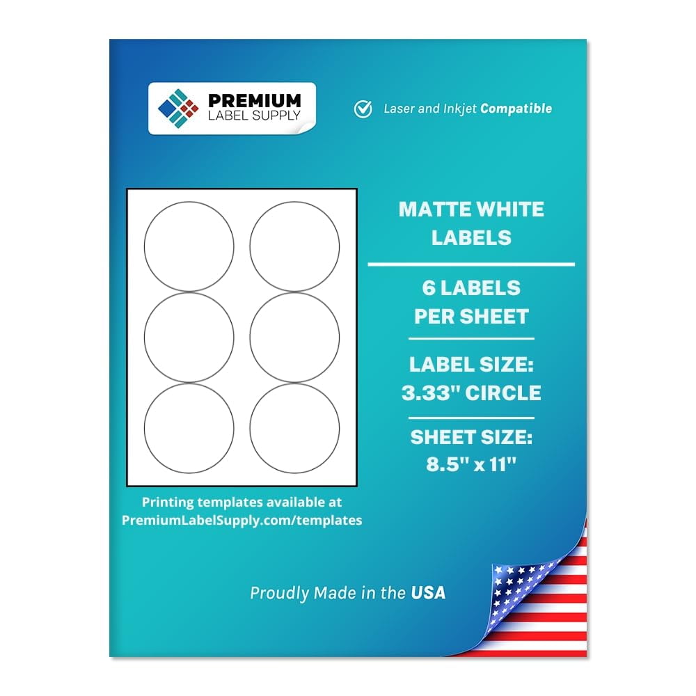Premium Label Supply White Sticker Round Labels – 3.33" Circle – Laser/Inkjet Compatible – (6 Labels/Sheet), 100 Sheets – 600 Total Adhesive Labels