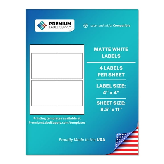 Premium Label Supply White Sticker Square Labels – 4” x 4” – Laser/Inkjet Compatible – (4 Labels/Sheet), 500 Sheets - 2,000 Total Adhesive Labels