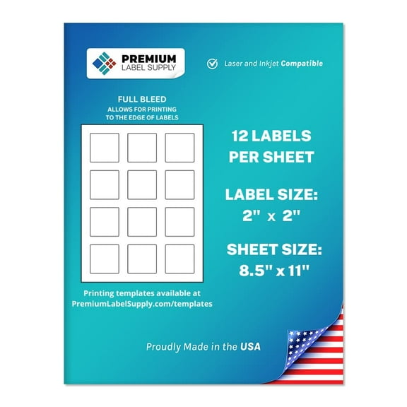 Premium Label Supply White Sticker Square Labels With Bleed – 2” x 2" – Laser/Inkjet Compatible – (12 Labels/Sheet), 100 Sheets – 1,200 Total Adhesive Labels