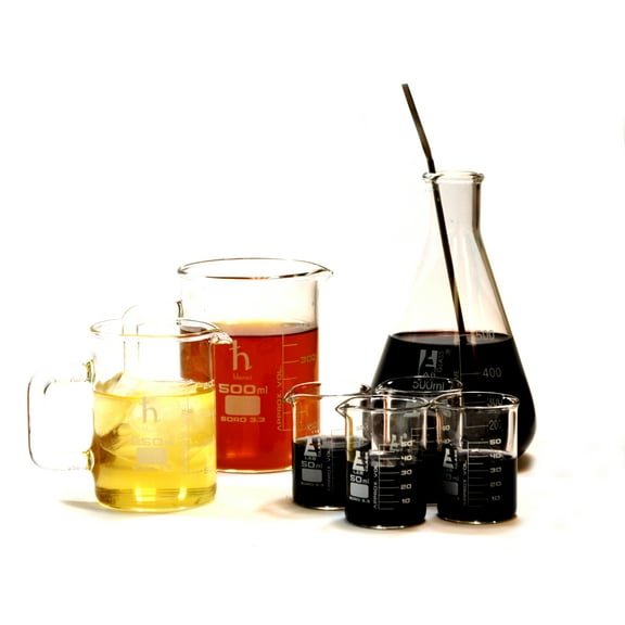 Premium Laboratory Glass Bar Set- (4) Beaker Shotglasses, (1) 16.9oz Beaker Mug, (1) 8.4oz Beaker Mug, Conical Flask, and Stirrer