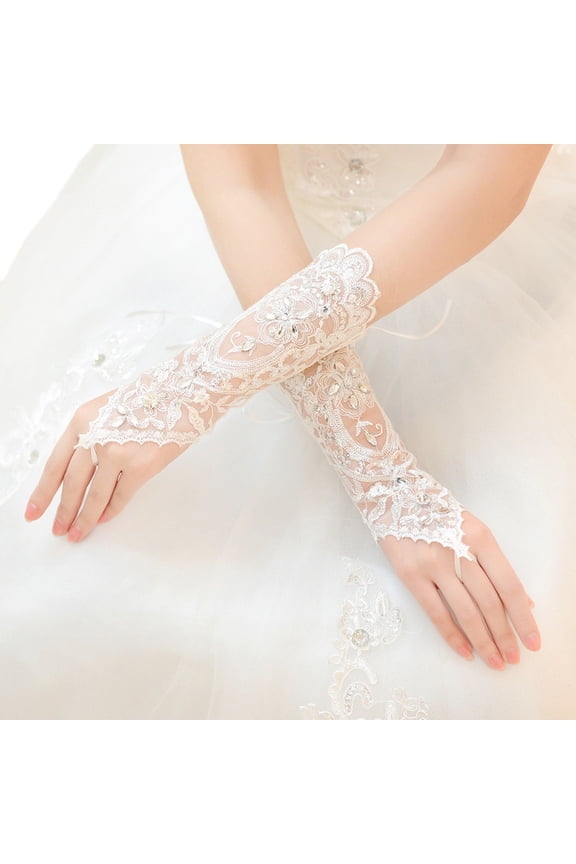 Premium Lace Floral Rhinestone & Sequin Fingerless Wedding Party Bridal Gloves