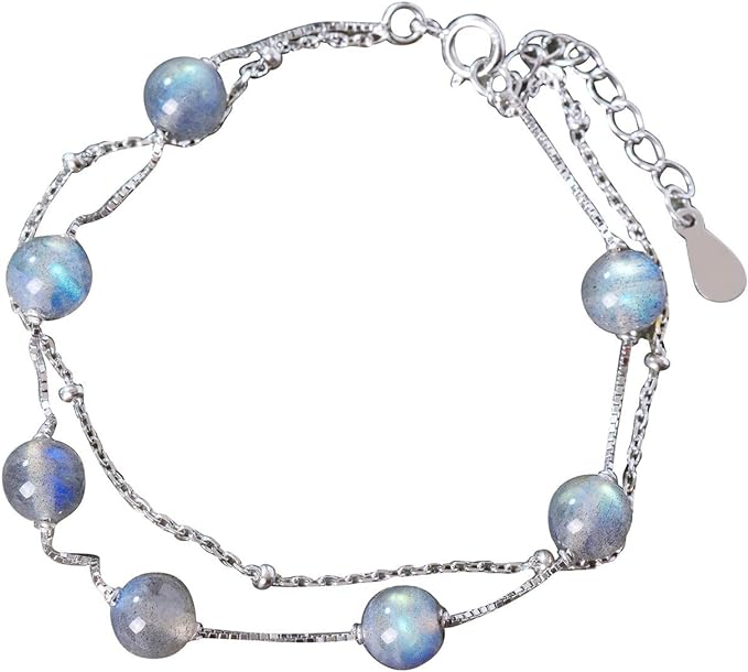 ZEZH Premium Ladies 925 Sterling Silver Bracelet - Jewellery Multi Row Moonstone Beaded Bracelet