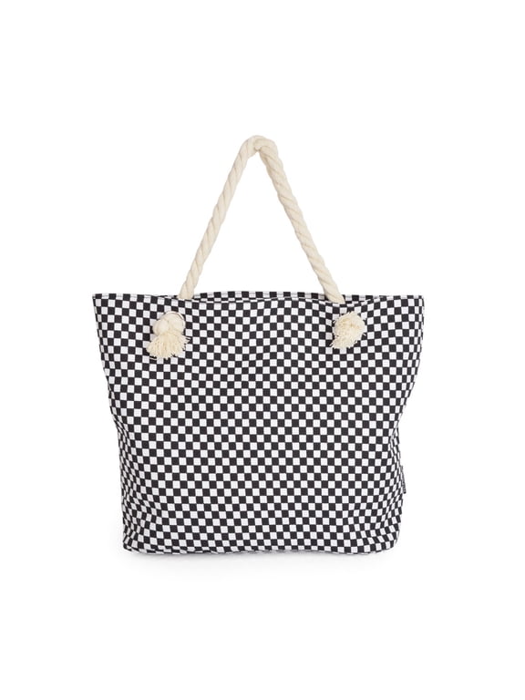 Premium Large Black & White Checkered Print Canvas Tote Shoulder Bag Handbag