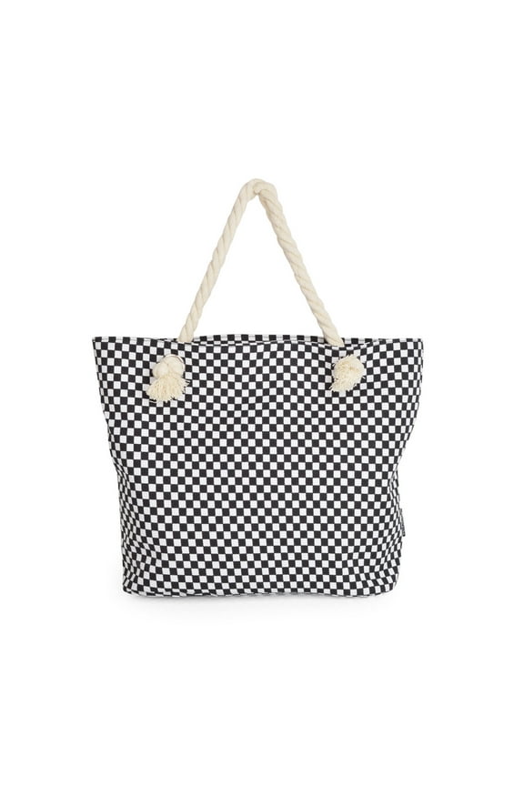 Premium Large Black & White Checkered Print Canvas Tote Shoulder Bag Handbag