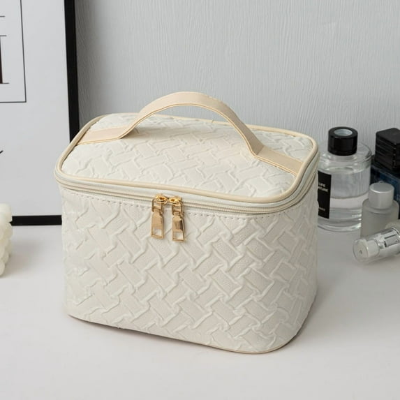 Premium Large Capacity Makeup Bag – Travel Cosmetic Organizer with Brush Compartment, Waterproof Vegan Leather, 8.66"x5.9"x5.9" (White/Black)