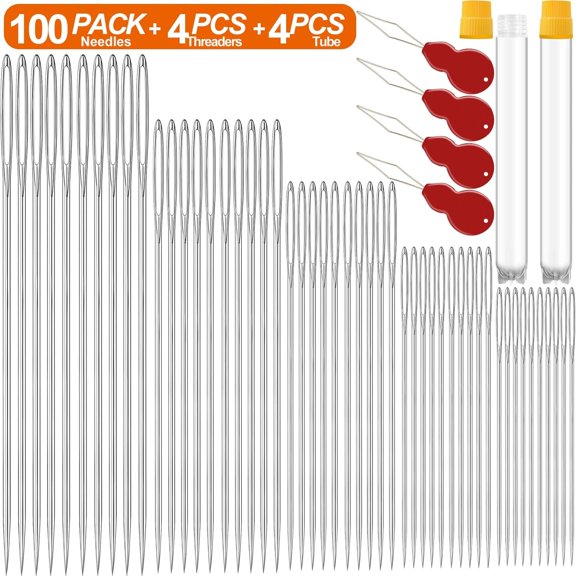 Premium Large Eye Hand Sewing Needles - Assorted Sizes (75 PCs with 4 Threaders)