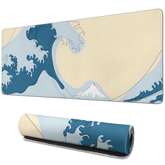 Premium Large Gaming Mouse Pad with Non-Slip Rubber Base, Stitched Edges, Featuring Japanese Wave Design, 31.5 x 11.8 inches