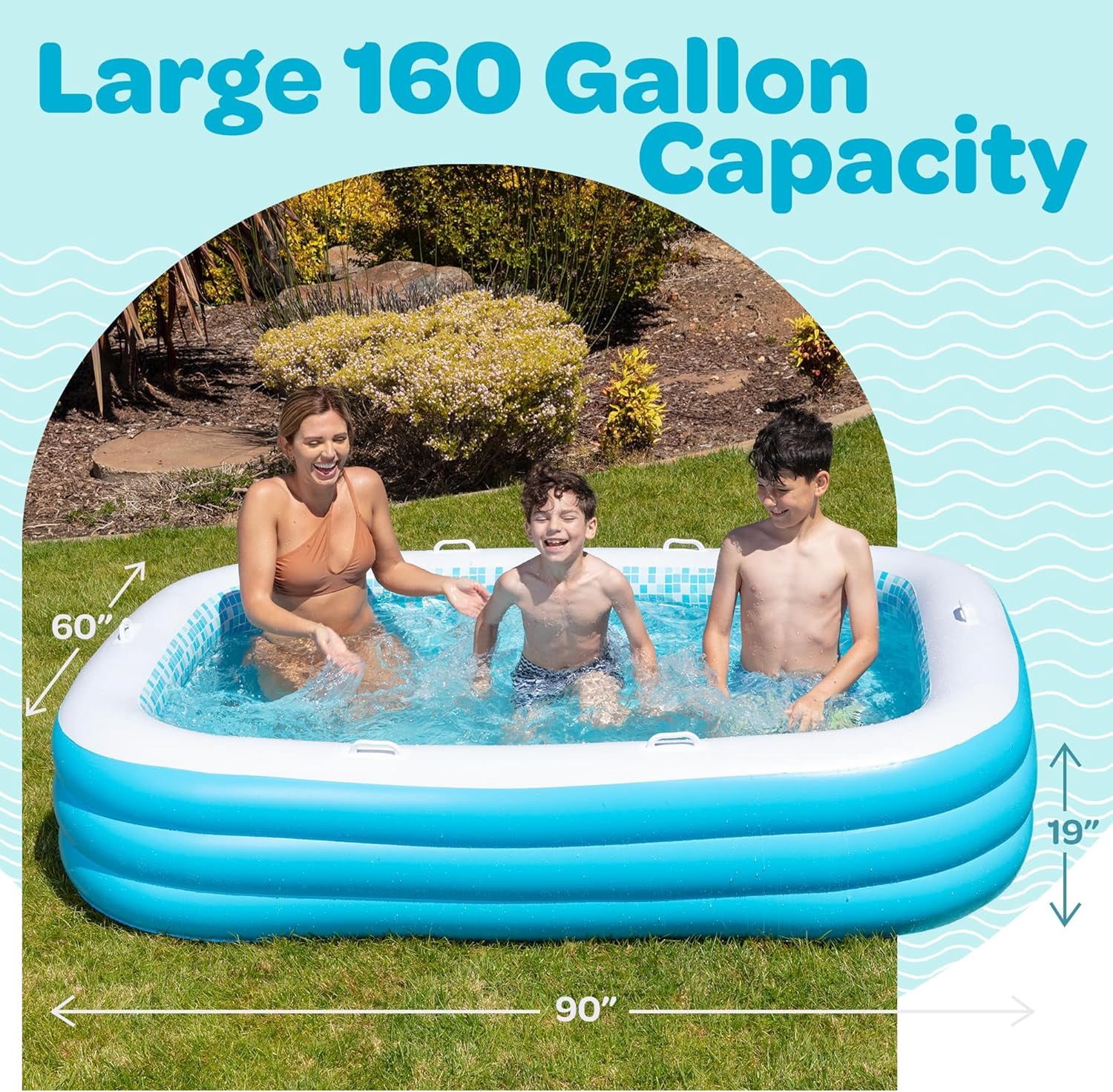 Premium Large Inflatable Pool with Soft Floor, Handles and Drain for Adults and Kids, 90x60inch Family Size Backyard Swimming Pool