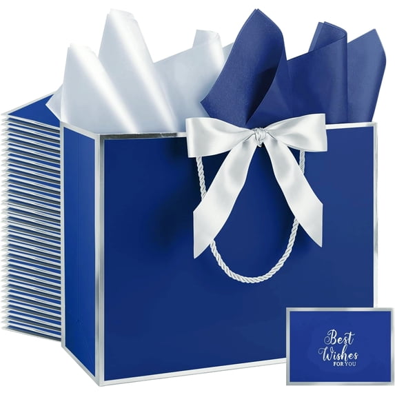 Premium Large Navy Blue Gift Bags With Handles 12.6x10 With Ribbons And Cards