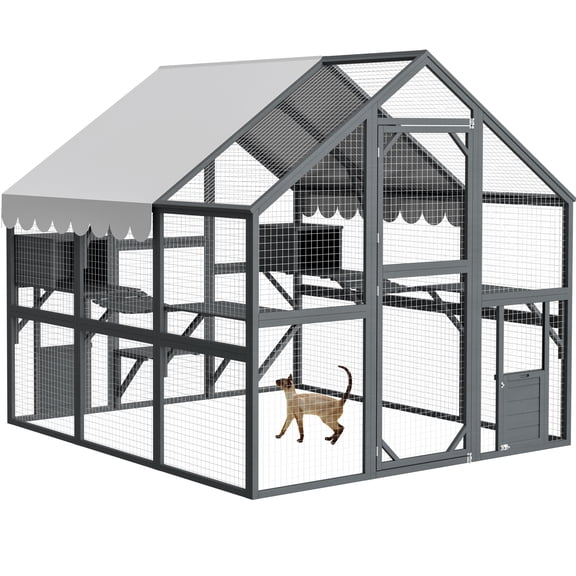 Premium Large Outdoor Cat Run Enclosure Wooden Catio with Cozy Cabins 82 Inch