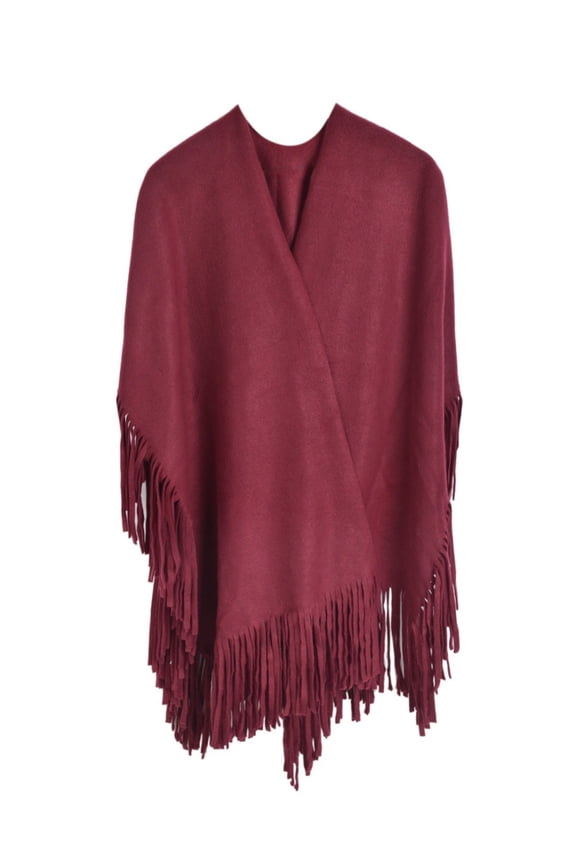 Premium Large Solid Color Tasseled Winter Poncho Shawl Wrap Cape