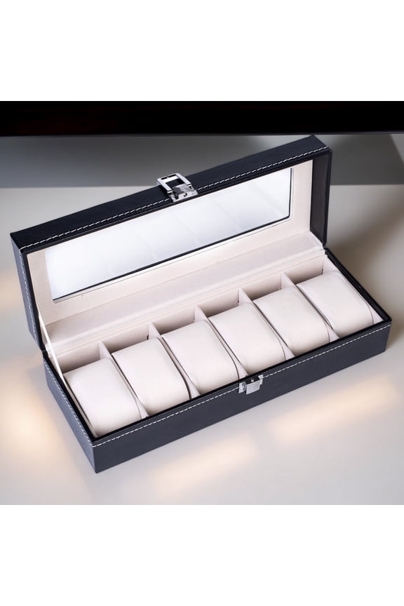 Premium Leather 6-Compartment Watch Storage Box, Luxury Watch Collection Display Case, Black