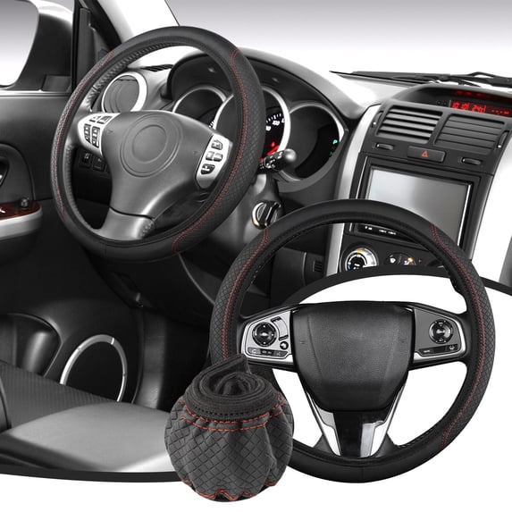 Premium Leather Car Steering Wheel Cover - Elastic, Non Slip, Breathable Microfiber - Universal 14.96 Inch Wrap - Red