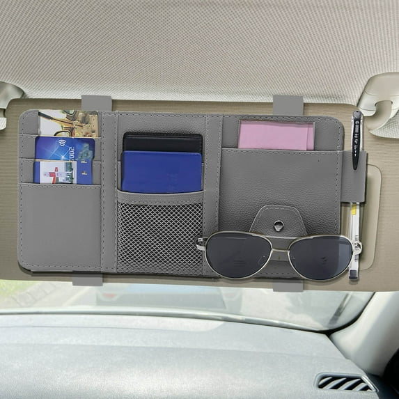 Premium Leather Car Sun Visor Organizer with Sunglasses Clip Multi Functional Storage for Cards Documents Bills Pen Slim Design Easy Installation 12x6 Inches Fit for Most Vehicles Gray