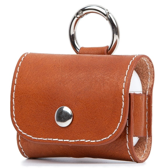 Premium Leather Case for Apple Airpods Pro (2019) & Pro 2 (2022) Genuine Leather with Button Lock and Metal Buckle Ring Cute Mini Purse Style - Purse Pro Wood Brown