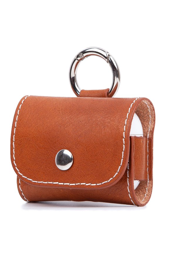 Premium Leather Case for Apple Airpods Pro (2019) & Pro 2 (2022) Genuine Leather with Button Lock and Metal Buckle Ring Cute Mini Purse Style - Purse Pro Wood Brown
