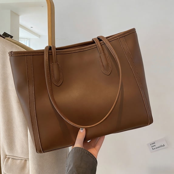 Premium Leather Commuter Handbags, 14.5 Inch Versatile Shoulder Tote Bags for Women, Solid Color Casual Zipper Purses for Spring Office Work Travel Daily Storage
