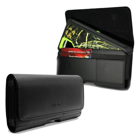 Premium Leather Holster Pouch with ID Card Credit Card Cash Holder For BLU VIVO XI+ Fit with Otterbox Defender Case/Lifeproof Case/Hybrid Armor Case/Battery Back Case On - Black