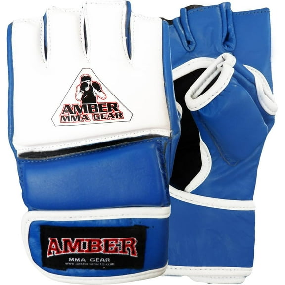 Ultimate Performance MMA Amateur Competition Gloves Blue/White Leather, Open Palm Construction, Medium Size