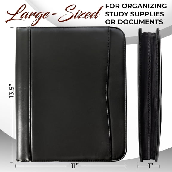 Premium Leather Padfolio Portfolio  for Men Women - Black Business Binder with Zipper & Pen Slots