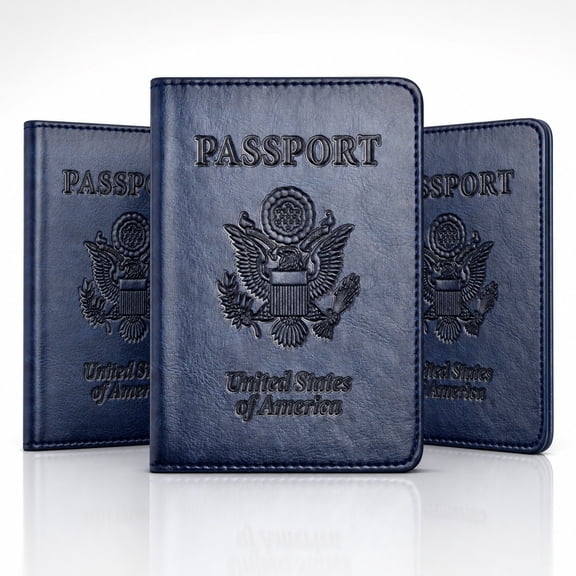Premium Leather Passport Holder and Vaccine Card Protector | Travel Document Organizer | Navy Blue Pack 3