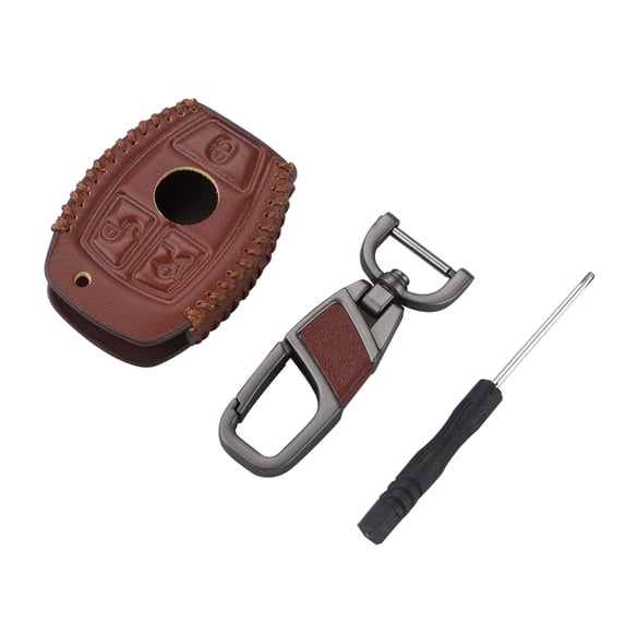 Premium Leather Remote Key Case Car Key Case 3 Button Cover for Benz E Key Accessories , Brown