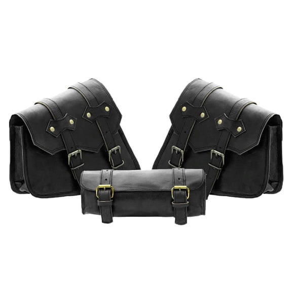 Premium Leather Saddle Bags Motorcycles - Durable and Spacious Motorcycle Saddlebags - Classic Design Saddle Bags for Secure Storage (3 Black Biker Set)