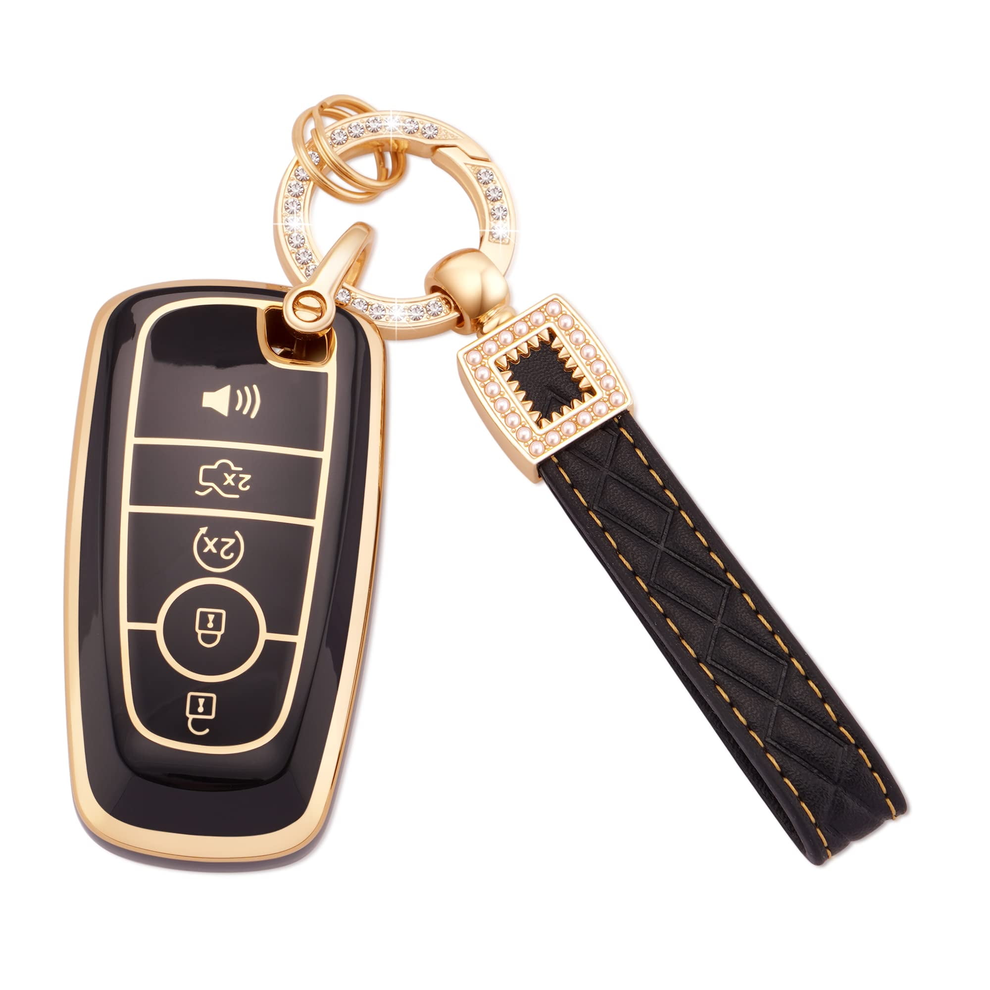 Premium Leather and TPU 5-Button Key Fob Protector with Keychain for Ford F150 Explorer Mustang Fusion Edge Escape Expedition Lincoln Black Gold Smart Remote Cover Case