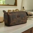 thumbnail image 1 of Premium Leather Travel Toiletry Bag - Water-Resistant Dopp Kit for Men & Women - Rustic Brown, 1 of 8