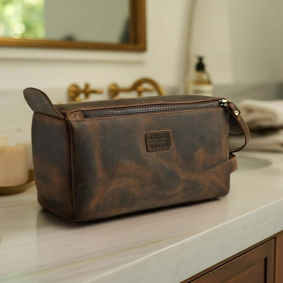 Premium Leather Travel Toiletry Bag - Water-Resistant Dopp Kit for Men & Women - Rustic Brown