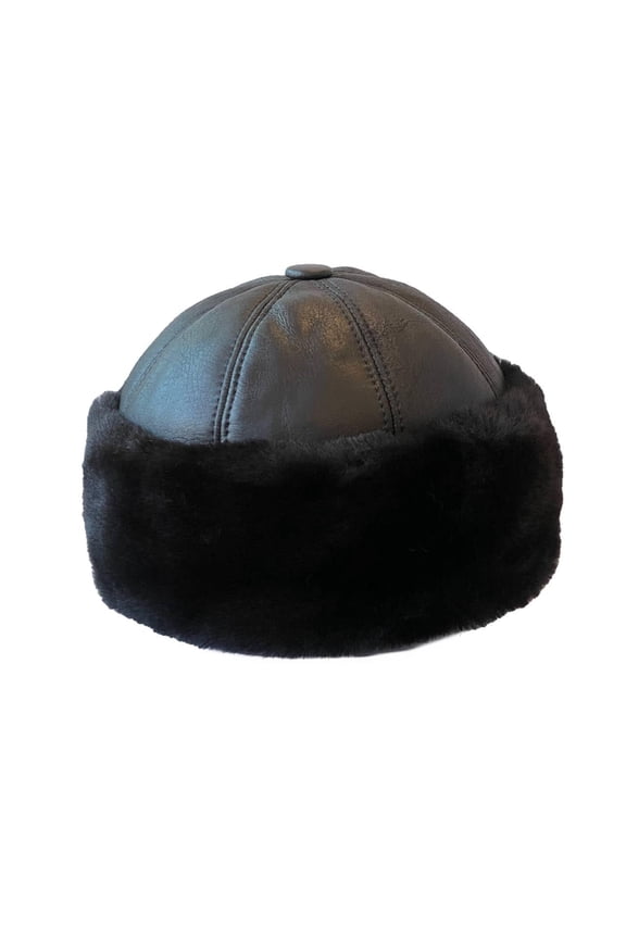 Premium Leather Unisex Shearling Sheepskin Fur Winter Beanie - Warm Wool Skull Hat for Men & Women (US, Alpha, Large, Black)