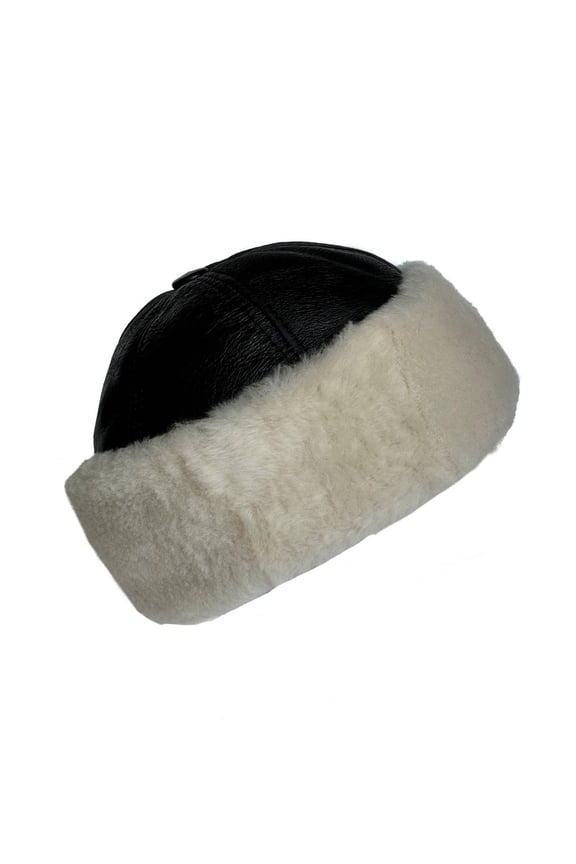 Premium Leather Unisex Shearling Sheepskin Fur Winter Beanie - Warm Wool Skull Hat for Men & Women (US, Alpha, Small, Black/Ivory Fur)