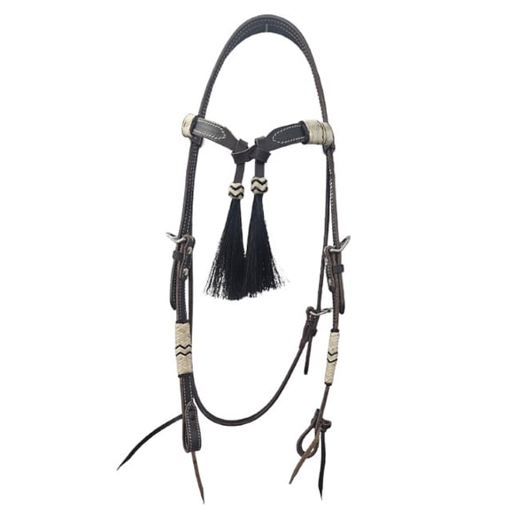 Premium Leather Western Headstall Hand Braided Natural Rawhide Futurity Knot Natural Hair Tassels Bridle -Dark Brown