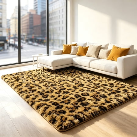 MUSICWAKER Contemporary Leopard Animal Print Area Rug, Beige, 6' x 9', Non-Slip Backing