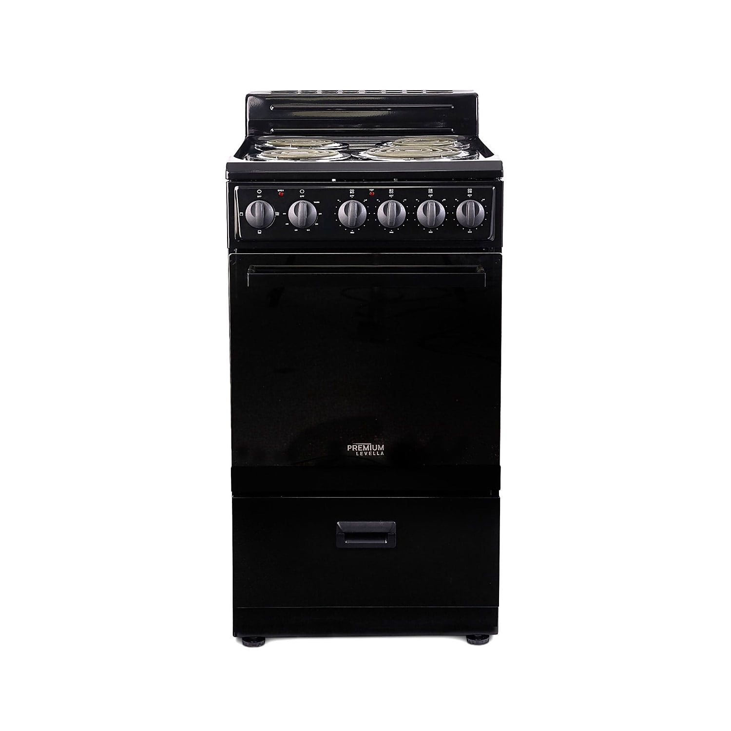 Premium Levella 20 in. 2.2 cu. ft. 4-Burner Single Oven Electric Range with Storage Drawer in Black with Stainless Steel Door