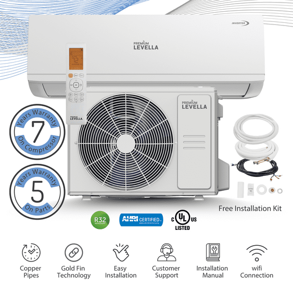 Premium Levella 34,000 BTU 17.0 SEER2 Ductless Mini-Split Inverter Air Conditioner Heat Pump System Full Set 230V. WIFI Included.
