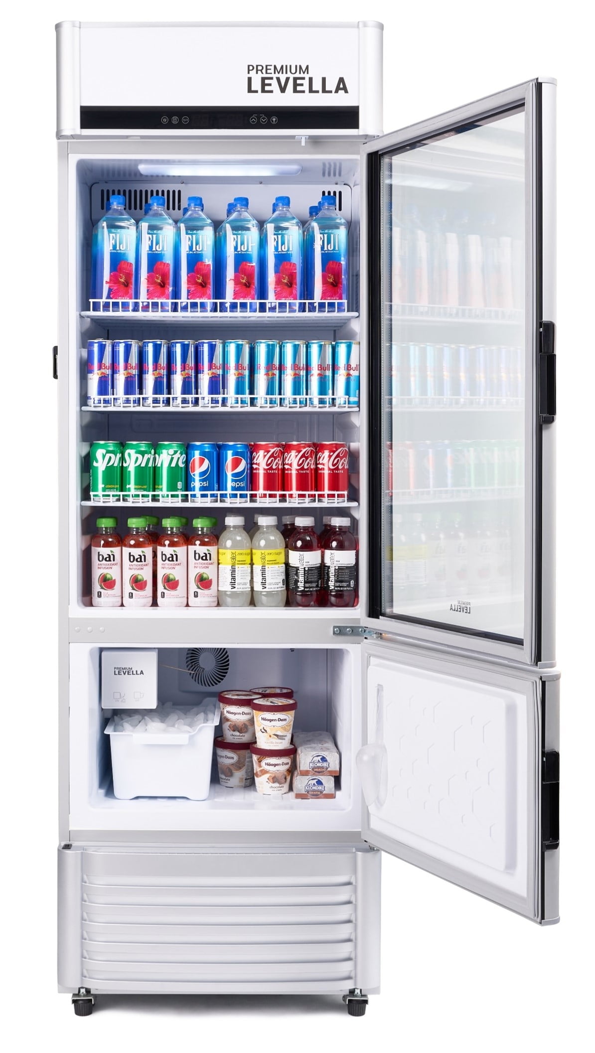 Premium Levella PRFIM1256DX Single Glass Door Merchandiser Refrigerator-Freezer with Automatic Ice Maker Display Beverage Cooler-12.5 cu ft-Silver