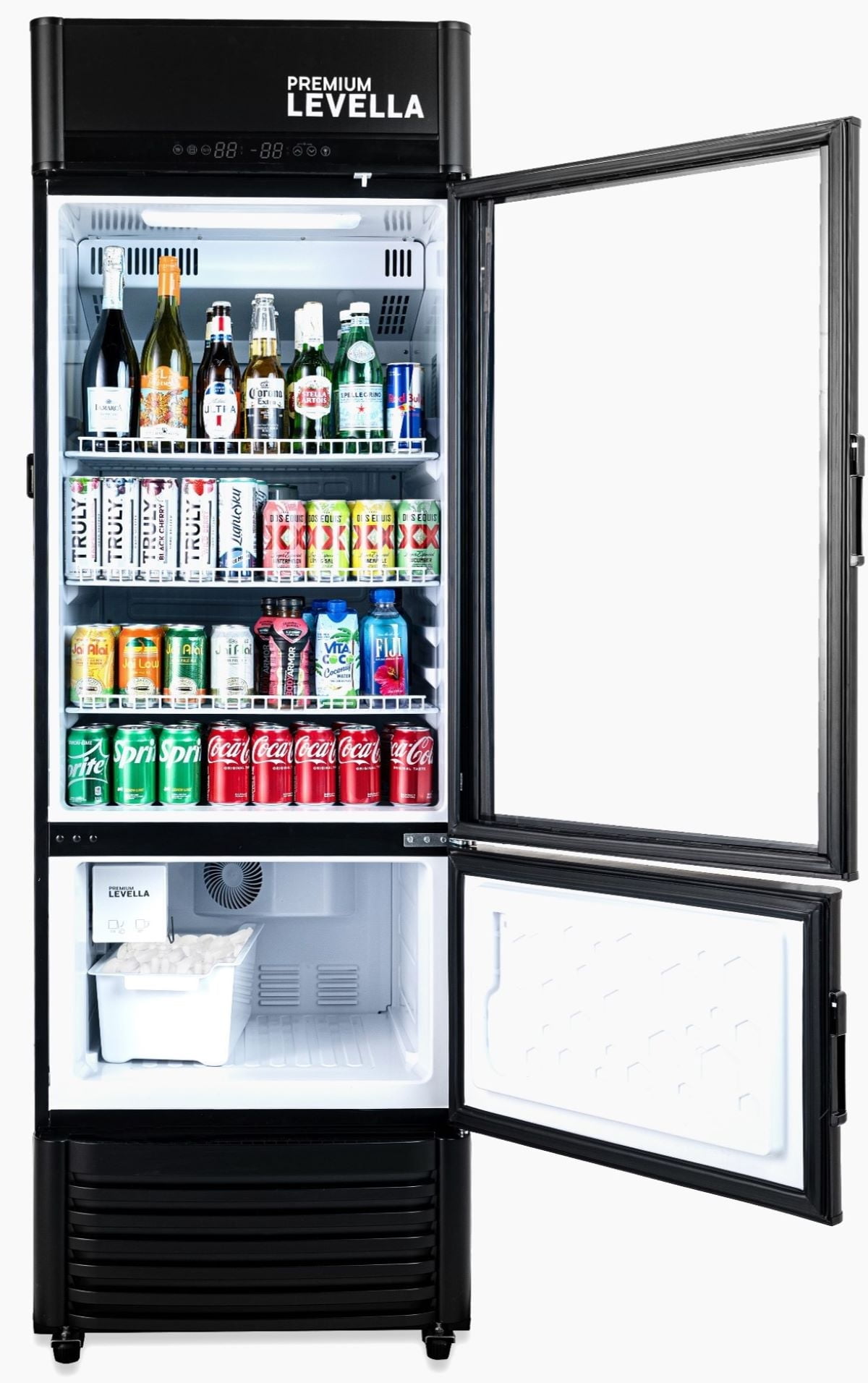 Premium Levella PRFIM1257DX Single Glass Door Merchandiser Refrigerator-Freezer with Automatic Ice Maker Display Beverage Cooler-12.5 cu ft-Black