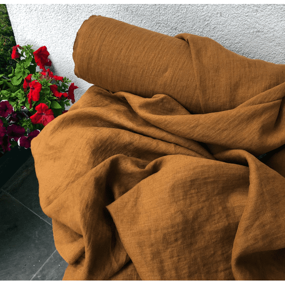Premium Linen Fabric by the Yard – Golden Ochre (Medium Weight, 160 GSM) – 58" Wide Softened Natural Flax Fabric for Sewing, Apparel, and Home Décor