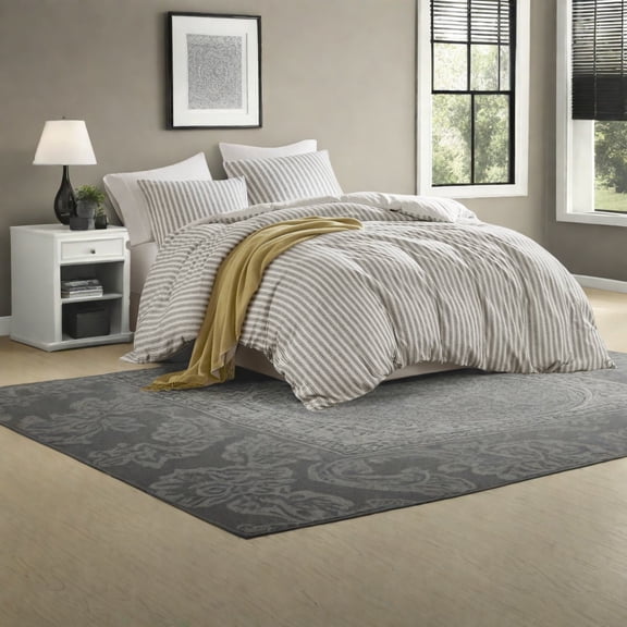 Premium LinenBlend Bedding Sets Queen Size 3 PCS Modern Tan Stripe Design
