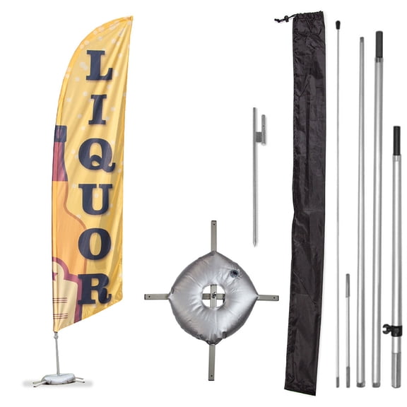 Premium Liquor Feather Flag Kit - Includes 13ft Sectional Aviation Grade Fiberglass Poles, Liquor Flag, Cross Base, Weight Bag, Ground Spike and Pole Sleeve Bag