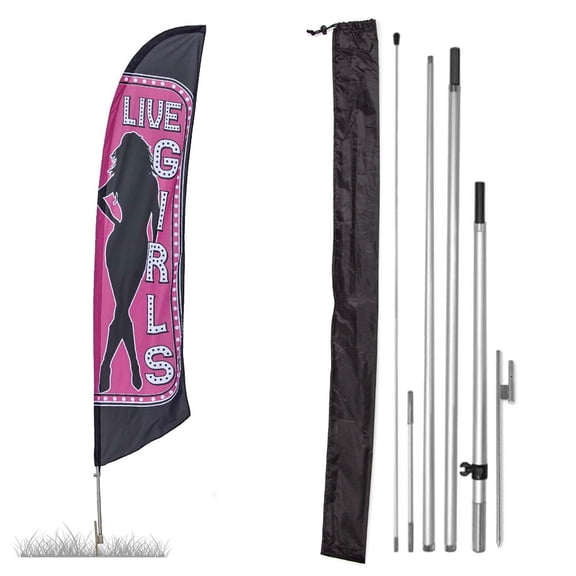 Premium Live Girls Feather Flag Kit - Includes 13ft Sectional Aviation Grade Fiberglass Poles, Live Girls Flag, Ground Spike, and Pole Sleeve Bag