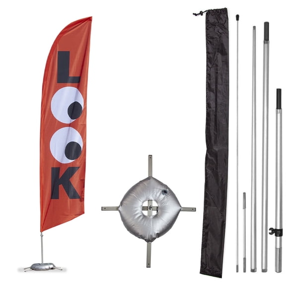 Premium Look Feather Flag Kit - Includes 13ft Sectional Aviation Grade Fiberglass Poles, Red Look Flag, Cross Base and Weight Bag, and Pole Sleeve Bag