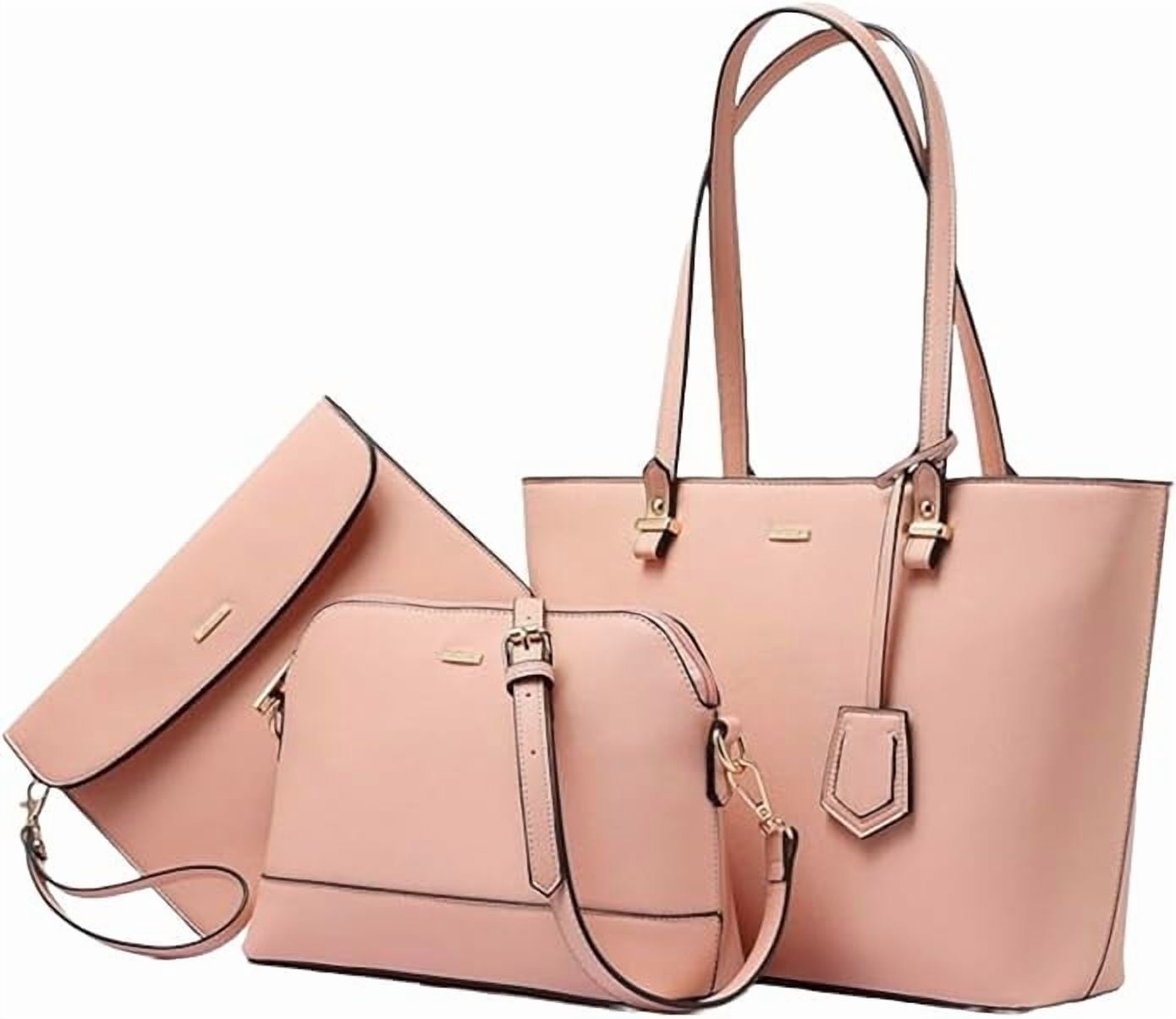 Premium Lux Details 3-Piece Leather Handbag Set for Women – Tote, Crossbody & Wristlet Purse – Elegant Designer Bags for Everyday & Travel Use Color Bikini Pink